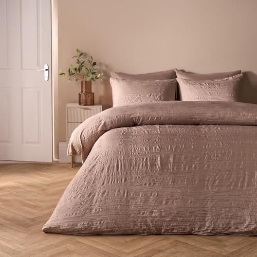 OHS Double Duvet Cover Set, Super Soft Warm Microfibre Stylish Textured Crinkle Double Duvet Set Luxurious Comfy Bedding with Matching Pillowcases, Mink