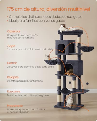 Feandrea Árbol Grande para Gatos, Torre para Arañar de 175 cm de Altura, Multinivel con 2 Cuevas, 2 Cestas, 5 Rascadores, Alfombra, Plataforma, Hamaca, Gris Oscuro PCT182G02 - imagen 4