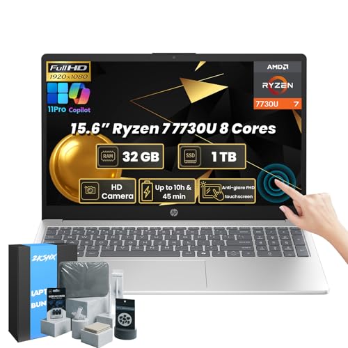 HP Flagship Touchscreen Laptop Computer - 15.6' Full HD • Ryzen 7 7730U(up to 4.5 GHz) • HD Webcam • Win 11 PRO for Person Use or Business Work w/Laptop Bundle(32GB RAM, 1TB SSD)