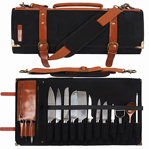 Manjushri 12 Pockets and 5 Storage Zipper Pouch Waxed Canvas & Genuine Leather Culinary Chef Knife Folding Roll Bag Organizer