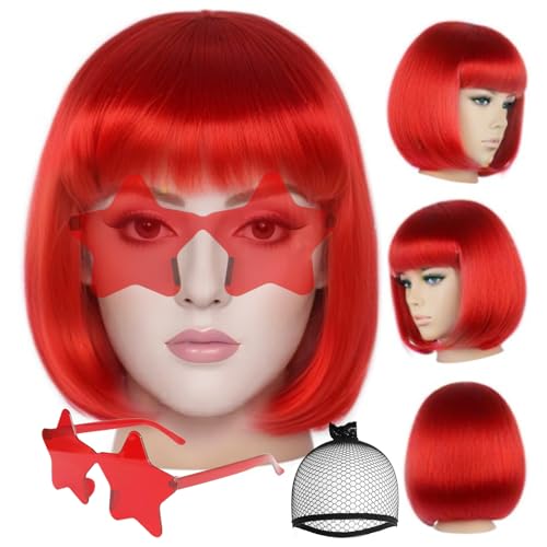 anogol hair cap  sunglasses red bob wig with bangs womens red party wigs with star shape sunglasses short neon wig daily party outfit fun wigs women halloween costume night club bachelorette hair