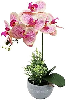 Olrla Pink Artificial Orchid Flower and Plant in Grey Pot, Waterproof Butterfly Orchid for Table Centerpieces Office Bathroom Garden Decor (Pink 1)
