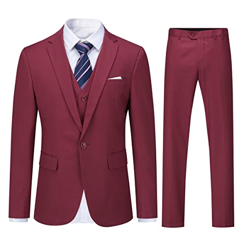 YOUTHUP Trajes para Hombre 3 Piezas para Boda Negocios Slim Fit Smoking con un Botón Formal Chaqueta y Pantalón Burdeos L