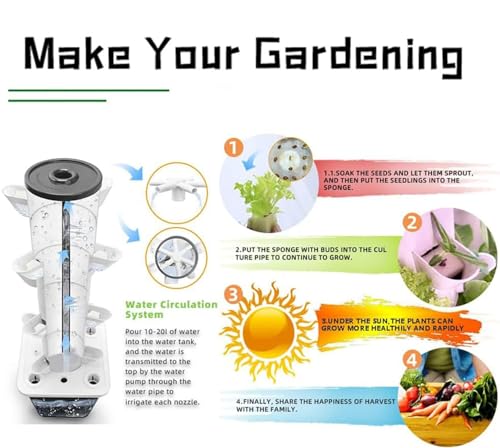 Sistema de crecimiento hidropónico de interior, Jardín de la Torre Aeropía con Bomba, Temporador y Pots de Red, Planador Vertical de Suboldo para Herbs Frutas Vegetal, Diseño compacto para el espacio