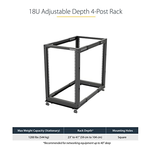 Image of StarTech 18U 4-Post Server Rack, 19in Open Frame Rack with 40in (101cm) Mounting Depth and 1200lb (544kg) Weight Capacity, Mobile or Floor Mount IT Rack | Mobile or floor mount, Cage nuts & screws, U & depth markings, Cable management, EIA /ECA-310-E