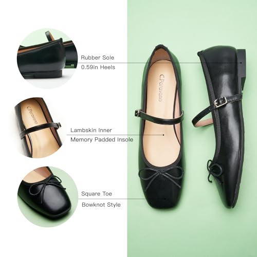 C. Paravano Women's Mary Jane Flats - Lightweight & Comfortable Square Toe Bowknot Ballet Flats with Adjustable Strap, Perfect for Office, Casual, and Dressy Events(Size7.5，Black)4