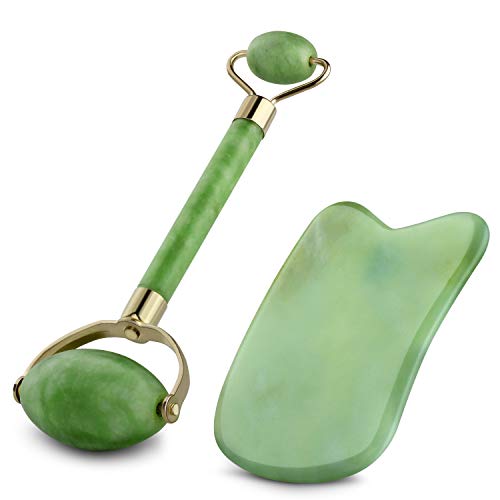 WILLNORN Natural Jade Roller For Face and Gua Sha Scraping Tool, Anti Aging Roller Face Massager, Jade Face Facial Body Stone Treatment Therapy Tool