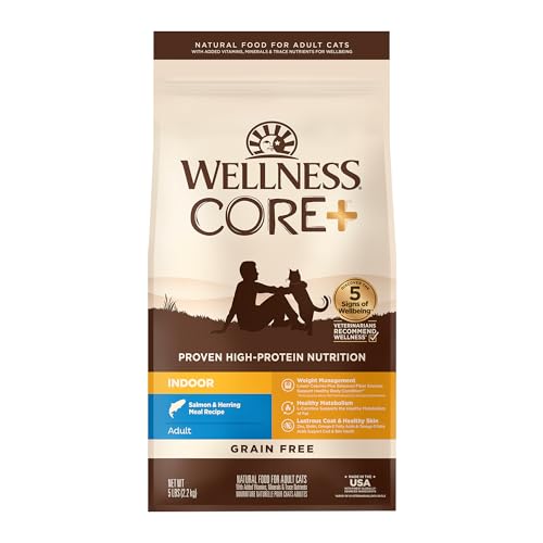 Image of Wellness CORE+ Adult Dry Cat Food for Infoor Cats, Natural, Grain Free Kibble, Salmon and Herring Meal Recipe, 5 lb Bag