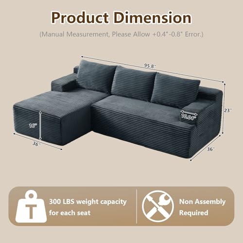 Image of 96.1 inch Modular Sectional Sofa Couches L-Shape Couch 3 Seat Modular Sofa Corduroy Memory Foam Sectional Boneless Couches for Living Room, Cloud Couch with Oversized Chaise(Dark Gray, Left Facing)