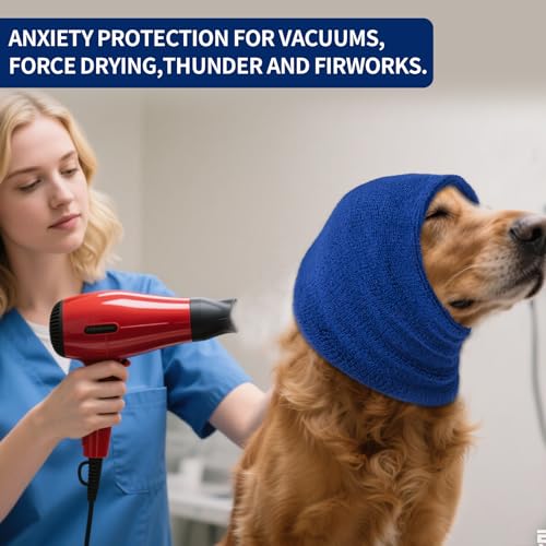Image of Dog Calming Hoodie Cat Anxiety Relief Cover,Double Layer Thickened Pet Ears Protector Soft Elastic Neck Band Noise Cancelling Ear Muffs for Grooming,Force Drying,Bath,Fireworks (Blue, Large)
