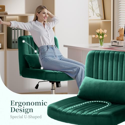 Image of Warmiehomy Velvet Criss Cross Office Chair with Wheels, Luxury Cross Legged Desk Chair for Bedroom, Armless Wide Seat Computer Chair, Modern Vanity Chair, Gift for Teens & Girlfriend, Emerald Green