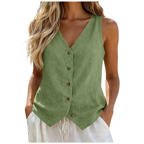 Attine Vest Tops for Women, Cotton Linen Button Down Sleeveless Shirts V Neck, Business Casual Tank Vests Top Summer Fashion 2026 for Teacher Outfits, Vacation, Work, Office, Class Army Green S
