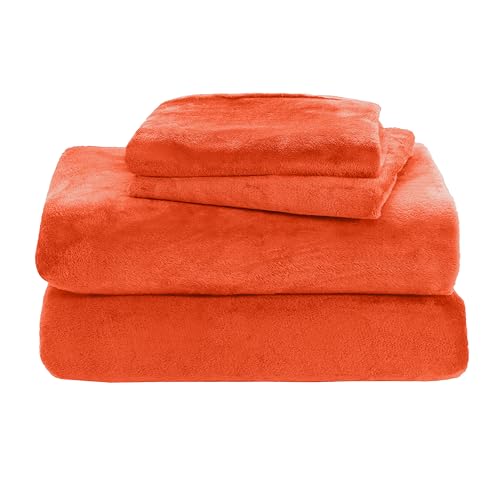 Elegant Comfort Luxuriously Soft 4-Piece Velvet Plush Flannel Sheet Set - Premium Quality - Cozy Warm, Anti-Static, Non Pilling Fuzzy Velvet Flannel Fleece Deep Pocket Sheet Set - Twin, Orange