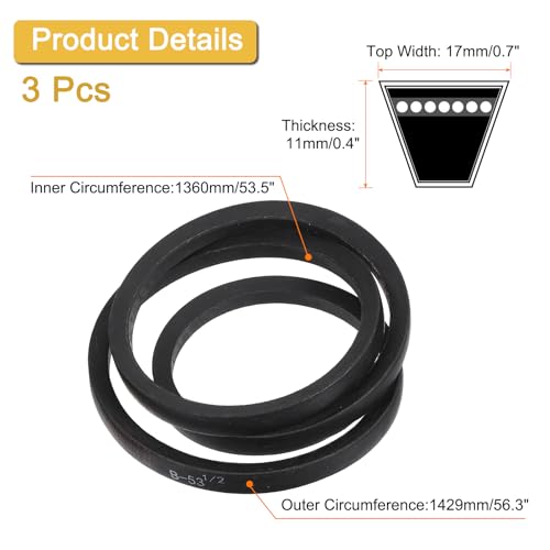 Image of Uxcell 3 Pack B53 1 /2 Classic Wrapped V-Belt, 56 inch Outside Circumference, Black, Industrial Rubber V-Belt