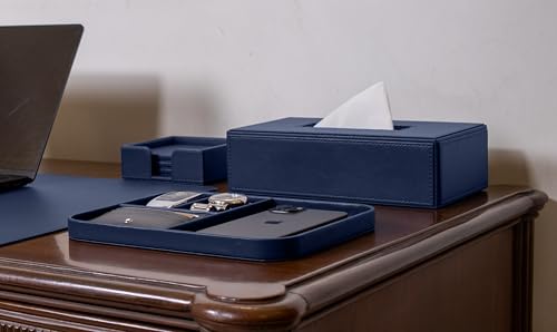 Image of V-CUBE Designs Premium Vegan Leather Executive Set of 6| Multipurpose Personal Desk Organizer| Desk Mat | Valet Tray| Tissue Holder | Pen Holder| Coaster | Mobile Stand for Office Table & Home - Blue