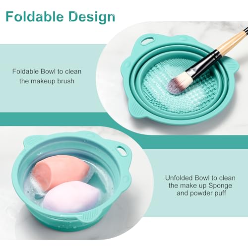Makeup Brush Cleaner, Etercycle Foldable Silicone Brush Cleaner Bowl Srubber, Portable Washing Tools for Makeup Brush,Powder Puff,Sponge (Green)