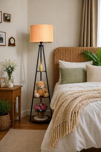Image of Modern Wooden Shelf Floor Lamp with Fabric Shade | 3-Tier Storage Stand Lamp for Living Room, Bedroom & Home Decor