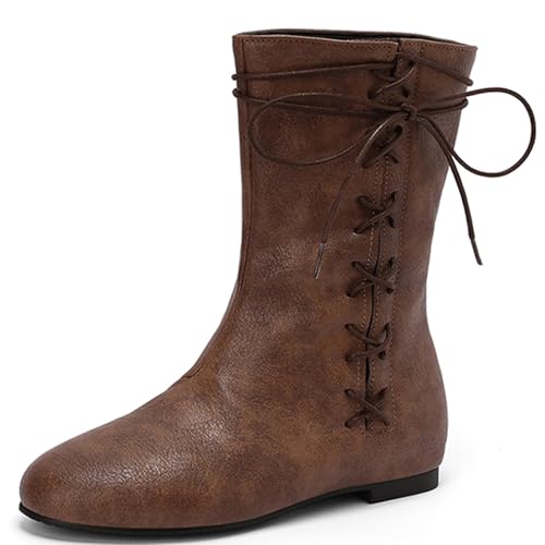 Cozivwaiy Women Vintage Flats Short Boots Lace up Comfortable Round Toe Pirate Boot Costume Medieval Renaissance Flat Victorian Boots Brown 8