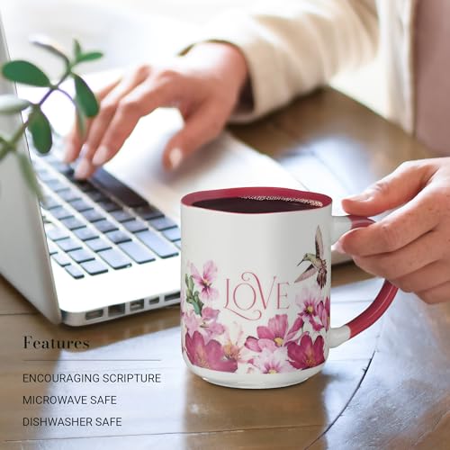 Image of Christian Art Gifts Inspirational Scripture Ceramic Coffee & Tea Mug for Women: Love Encouraging Bible Verse, Microwave & Dishwasher Safe Cup, Sturdy Handle, White & Red Multicolor Floral, 12 oz.