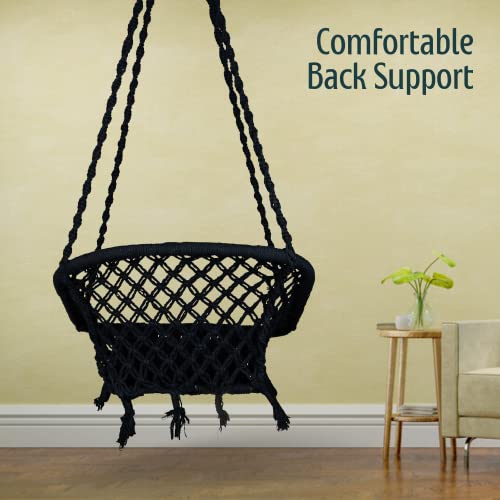 Image of Swingzy Cotton Netted Rope D Shape Hammock Hanging Swing Chair /Jhula for Adults & Kids /Swing with L Shape Red Cushion for Indoor, Outdoor, Garden /Swing Chair with Free Hanging Accessories (Black)