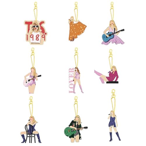 9 PCS Diamond Painting Keychains Kit Music Pop singer Diamond Art Double Sided 5D Diamond Key Rings DIY Diamonds Pendants for Beginners Birthday Crafting Home Party Decor