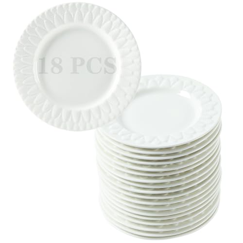 TAMAYKIM-18-Pieces-6-Inch-Porcelain-Dinner-Plates-Small-Dessert-Plate-Appetizer-Plates-Leaf-Pattern-Dinnerware-Sets-Scratch-Resistant-Microwave-Oven-and-Dishwasher-Safe-White TAMAYKIM 18 Pieces 6 Inch Porcelain Dinner Plates Small Dessert Plate Appetizer Plates Leaf Pattern Dinnerware Sets Scratch Resistant Microwave Oven and Dishwasher Safe White