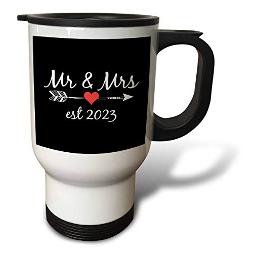 Image of 14oz Stainless Steel Travel Mug - Mr and Mrs Est 2023 White lettering and arrow with red heart on black. Stamp City - typography