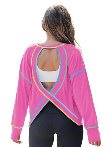 popvil Open Back Workout Tops for Women Long Sleeve Lightweight Athletic Shirt for Gym Yoga Hiking Running Clothing Pink