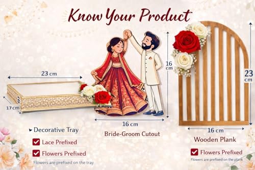 Image of Divyakosh Wedding Platter for Marriage | DIY Ring Ceremony Tray Set with Bride Groom Cutout, MDF Decor, Ring Holders, Floral Tray, Banner & Accessories Kit