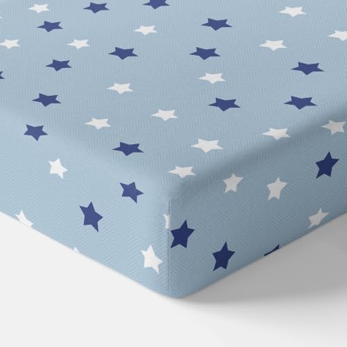 Image of LORETO - A QUALITY LINEN BRAND 144 TC 100% Pure Cotton King Size Fitted Bedsheet with 2 Pillow Covers for 72 x 72 Inch Mattress, All-Around Elastic, 8 Inch Deep Pocket, Nile Blue Stars