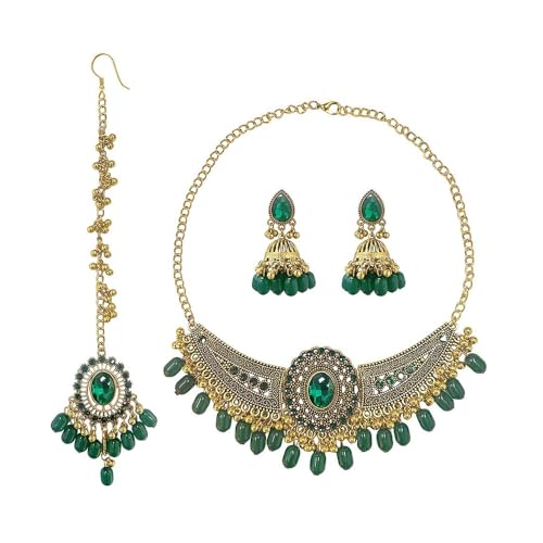 Ensemble De Bijoux Pour Femme Collier Choker Kundan Avec Pendentif Maang Tikka Et Boucles d'Oreilles Jhumka Cristal Parure De Mariage Boho Chic Accessoire Cheveux Pour Soirée Fête Et Cérémonie (Vert)