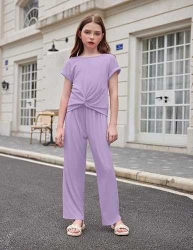 Image of Arshiner Girls Summer 2 Piece Outfits Ribbed Short Sleeve Twist Front Tops and Wide Leg Pants Kids Loungwear Set Tracksuit