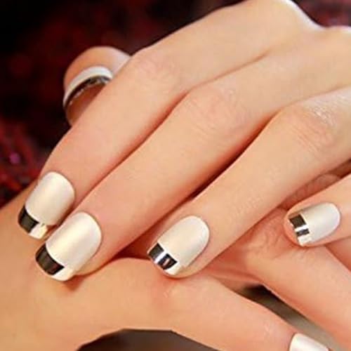 French Tip Press on Nails Short Square Fake Nails Silver Chrome False Nails Shiny Glossy Acrylic Nails Squoval Artificial Nails Metal Mirror Glue on Nails for Women Manicure Nails Decoration 24Pcs