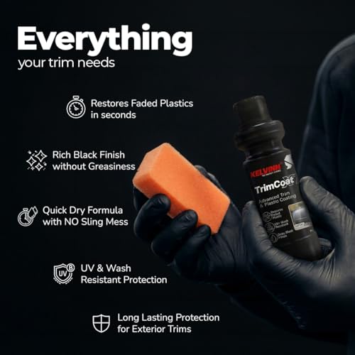 Image of Kelvinn TrimCoat XT Trim Restorer 110ml, Plastic & Rubber Restorer for Car Bike Exterior, Deep Black Finish for Faded Bumpers Mouldings Trims, UV Protection Water Repellent Wash Resistant Coating