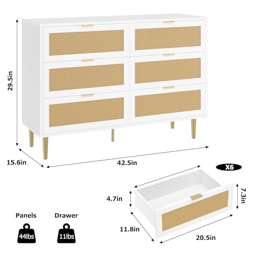 GarveeHome Rattan 6 Drawer Dresser for Bedroom, Modern Chest of Drawers with Gold Legs and Gold Handles, Wide Double Dresser with Large Tabletop and Anti-tipping Design for Bedroom, Living Room, White