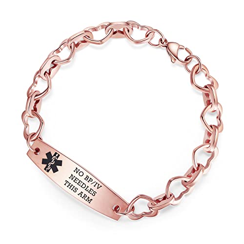 Mnmoom 7.5 In Heart Medical Alert Bracelets For Women Rose Gold Heart Link No Bp No Iv No Needles This Arm Medical Bracelets #TOP13