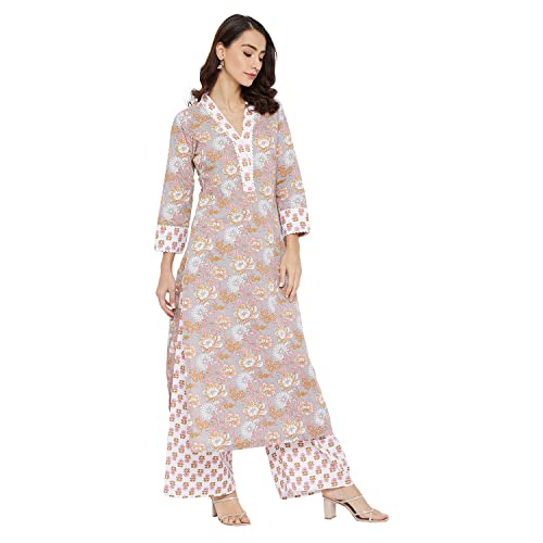 Image of Tissu Women's Cotton Sea Green & Pink Floral Printed Kurta with Palazzo