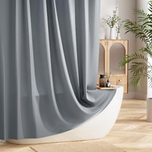 Image of Gray Waterproof Shower Curtain Liner 70x74 Inches - Thick Polyester Fabric with Weighted Bottom, Heavy Duty Bathroom Liner for Shower Stall or Tub, Machine Washable