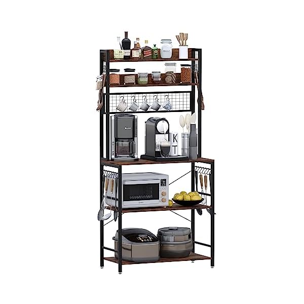 Somduy Baker’s Rack, 5 tier Coffee Bar, Microwave Stand with 20 Hooks for Kitchen Organizers and Storage, Kitchen Utility Shelves for Spices, Pots and Pans, Rustic Brown