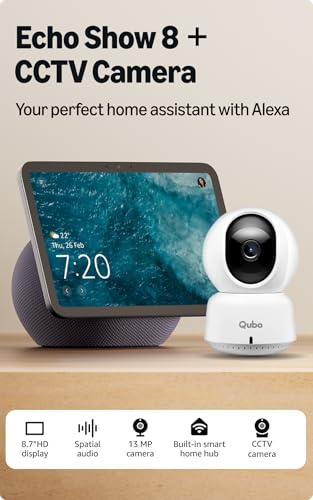 Image of Amazon Echo Show 8 (newest model), vibrant 8.7 inch HD display with spatial audio & Alexa, new sleek design, Graphite, combo with Qubo CCTV camera