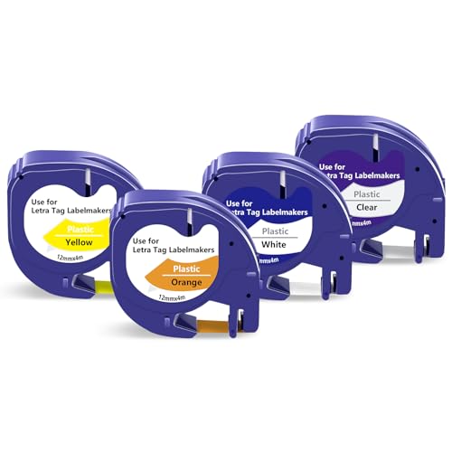 UNOKA Compatible con Dymo Letratag Cinta de etiquetas de plástico de 12 mm x 4 m, color naranja/transparente/blanco/amarillo, recambios para etiquetadoras DYMO LetraTag 100H 100T Plus 200B XR