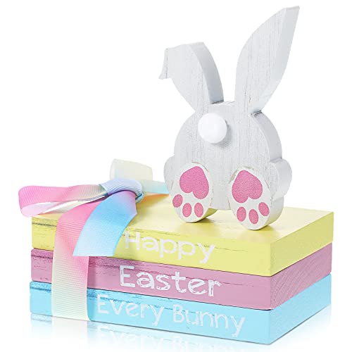 4 Stück Ostertisch Dekor Holzschild Every Bunny Trail Happy Easter Farmhouse Holzblock Set Rosa Blau Deko Buch Etagere Tablett Ostern Dekor Rustikale Frühlingsdekorationen für Kamin Wohnzimmer Cover