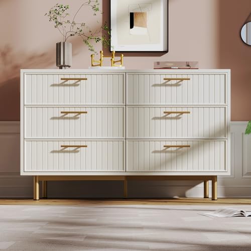 Merax Kommode Sideboard mit 6 Schubladen, Weiß Modern Schubladenschrank, Mehrzweckschrank Kleiderschrank mit viel Stauraum, Metallbeinen, Goldener Griff, für Flur Schlafzimmer Wohnzimmer, 120x40x75cm