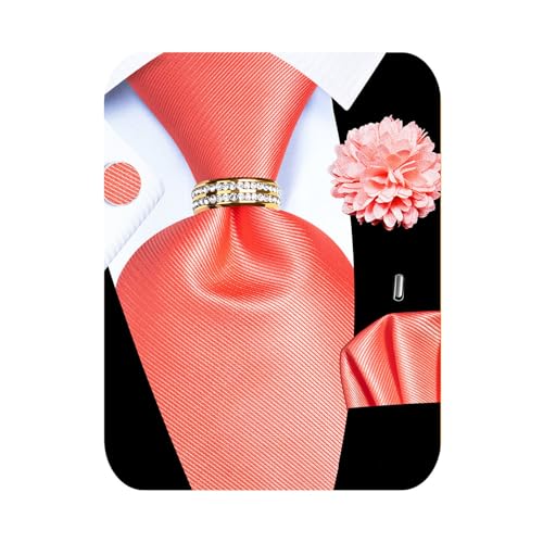 Image of 5PCS Mens Silk Designer Tie, Pocket Square, Cufflinks, Drilled Tie Ring and Lapel Pin Set for Wedding Groom Party