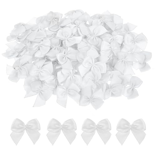 Mozeat Lens 100 Stück Kleine Weiß Satinband Schleifen 2.5 cm Mini Hochwertiges Polyester Niedlich für DIY Basteln Geschenkverpackung Hochzeit Weihnachten Party Scrapbooking