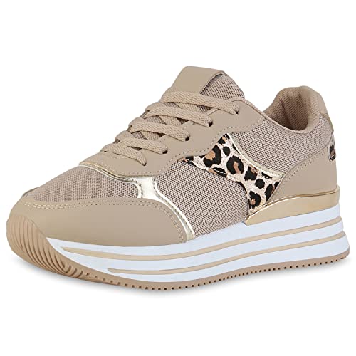 VAN HILL Damen Plateau Sneaker Metallic Schuhe Keilabsatz Schnürer Profilsohle Keilsneaker Freizeit Wegdes Schnürschuhe 211737 Khaki Hellbraun Gold Leo Metallic Robust 39
