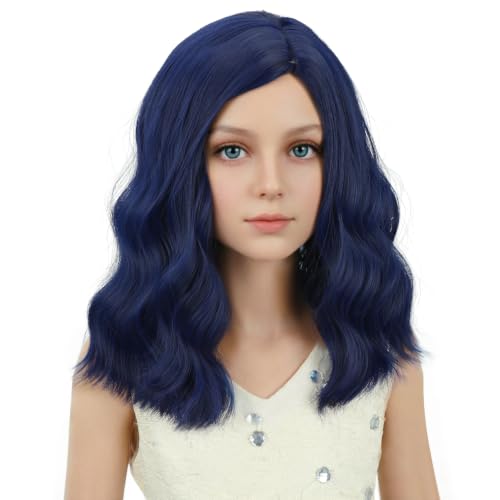Image of PATTNIUM Navy Blue Wig for Kids Girls Short Dark Blue Wigs Side Part Shoulder Length Wavy Heat Resistant Synthetic Wig Halloween Cosplay Costume Party Wig