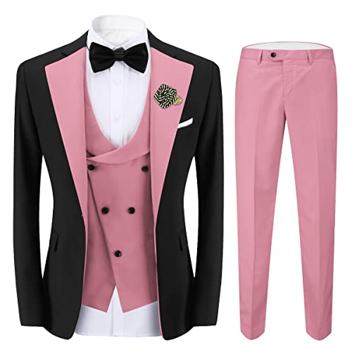Cloudstyle Mens 3 Piece Suit Contrast Colour Fashion Coat Single Breasted Vest Jacket Pants Sets Pink