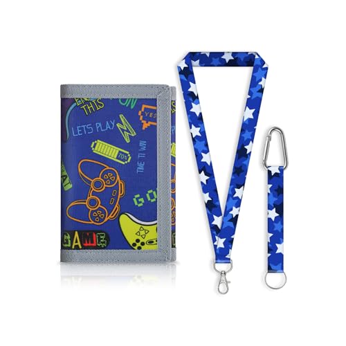 Carteira inovadora com cordão, carteira de três dobras com chaveiro e cordão para presentes, bolsa inovadora com bolso para moedas com zíper e porta-cartões para esportes ao ar livre, Gamepad azul B5