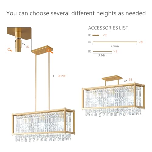Image of LMQNINE Modern Rectangle Chandelier for Dining Room, Gold Crystal Chandelier Linear Light Fixture, Farmhouse Chandeliers for Kitchen Island, Bar Table, L25.98'' x W9.84'' x H8.66''